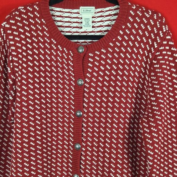 L.L. BEAN Vintage Birds‎ Eye Cardigan Sweater Red White Wool Womens Size Large - Picture 2 of 8